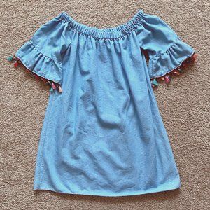 Chambray Off the Shoulder Top with Colorful Sleeve Tassels
